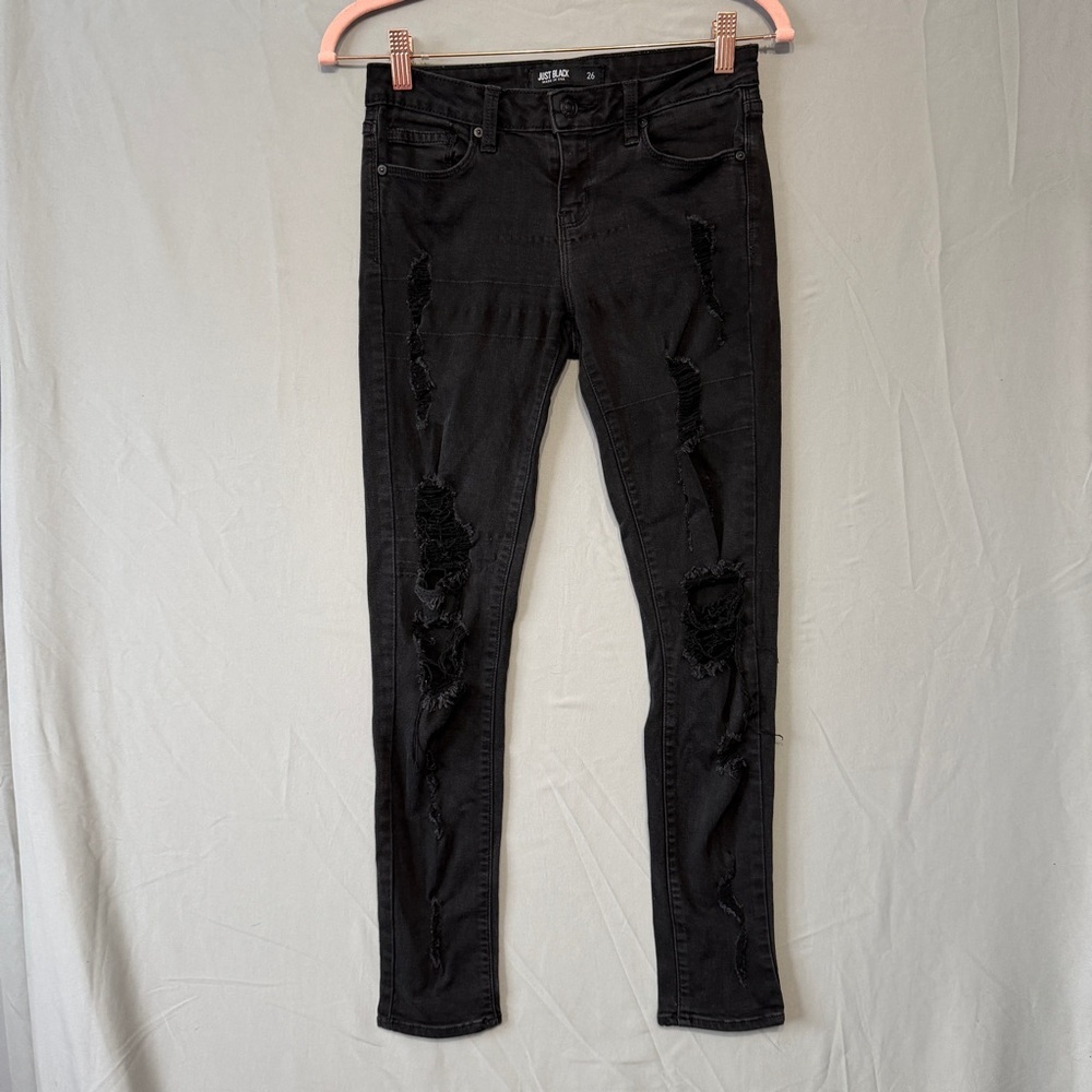Just Black Womens Distressed Skinny Jeans Sz 26 Black Denim Grunge Edgy Low Rise